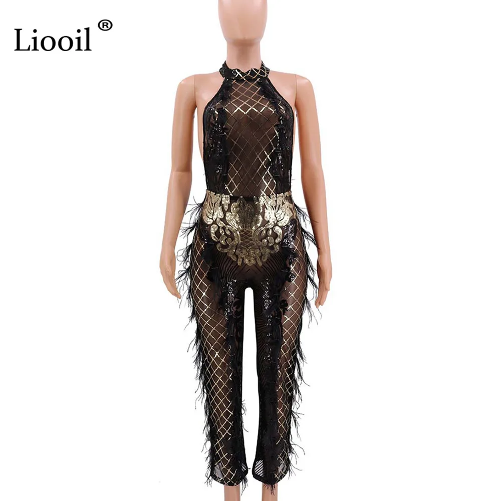 Liooil Sequin Mesh сексуальный комбинезон на бретелях для женщин без рукавов с открытой спиной прозрачные вечерние Клубные комбинезоны комбинезон черные комбинезоны