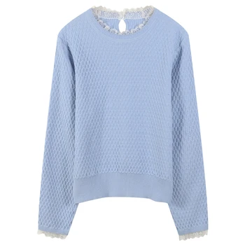 

2020 Elegant Lace Patchwork Women Sweater Autumn Winter Long Sleeve Knitted Top Female Split Streetwear Ladies Pullover Jumper