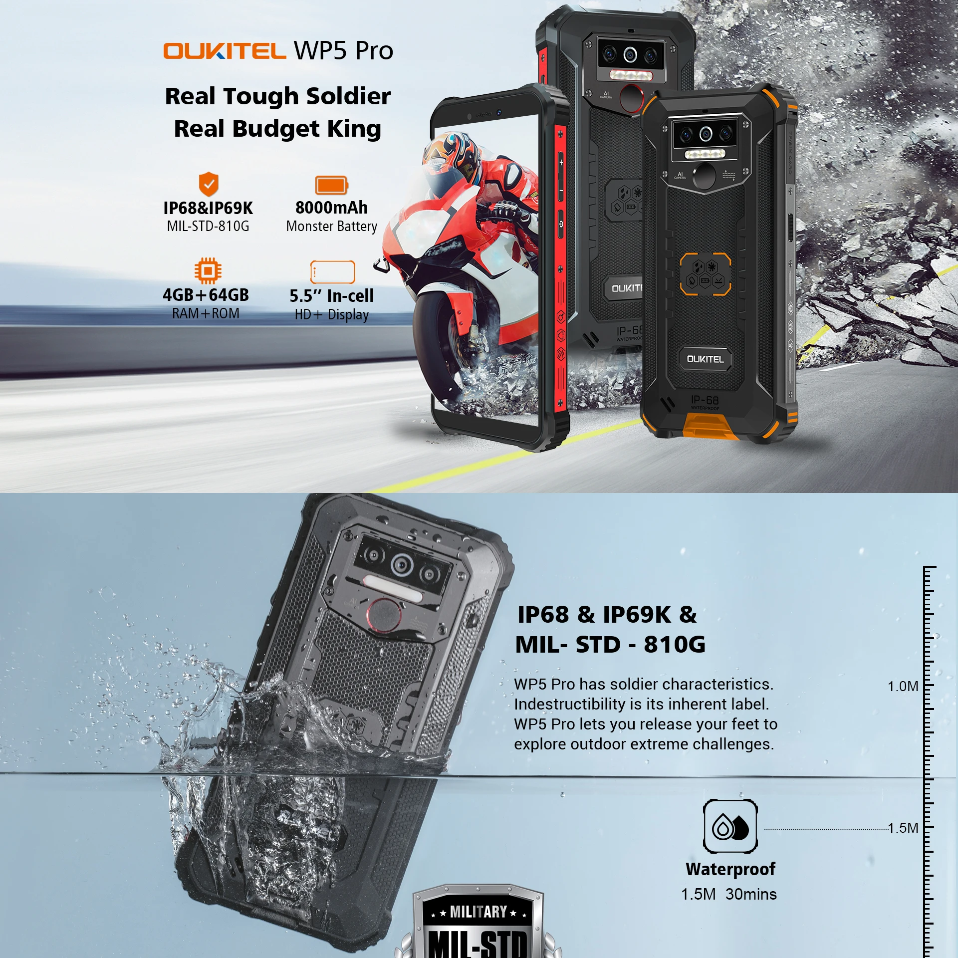 OUKITEL WP5 Pro IP68 Waterproof Smartphone 8000mAh Android 10 Triple Camera Face/Fingerprint ID 5.5 inches 4GB 64GB Mobile Phone