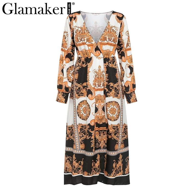 Glamaker винтажное барокко печати длинное обтягивающее платье ретро широкий подол длинное вечернее платье женское Платье макси с длинным рукавом vestidos de fiesta