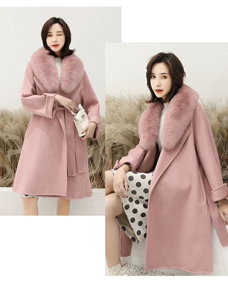 Cheap Women 2019 Winter Natural Fox Fur Collar Double-Sided Wool Blends Coat Female Thicken Warm Sheep Shearing Long Overcoat 8
