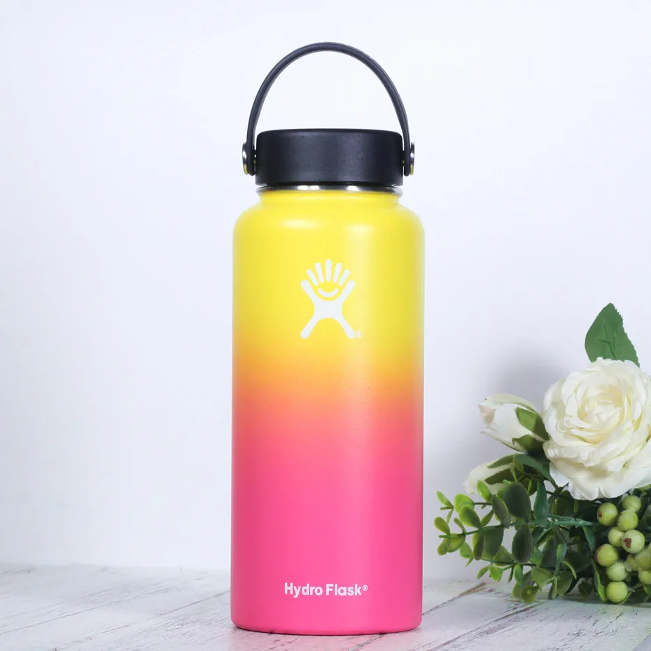 Бутылка для воды из нержавеющей стали, бутылка для воды с вакуумной изоляцией, портативная термобутылка для путешествий с широким горлом, 32 унции - Цвет: Yellow pink