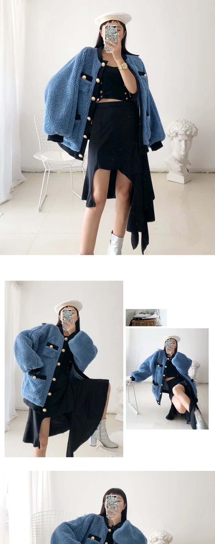 new autumn winter women single breasted loose faux fur coatsgolden buttons o-neck lamb wool jackets w1991