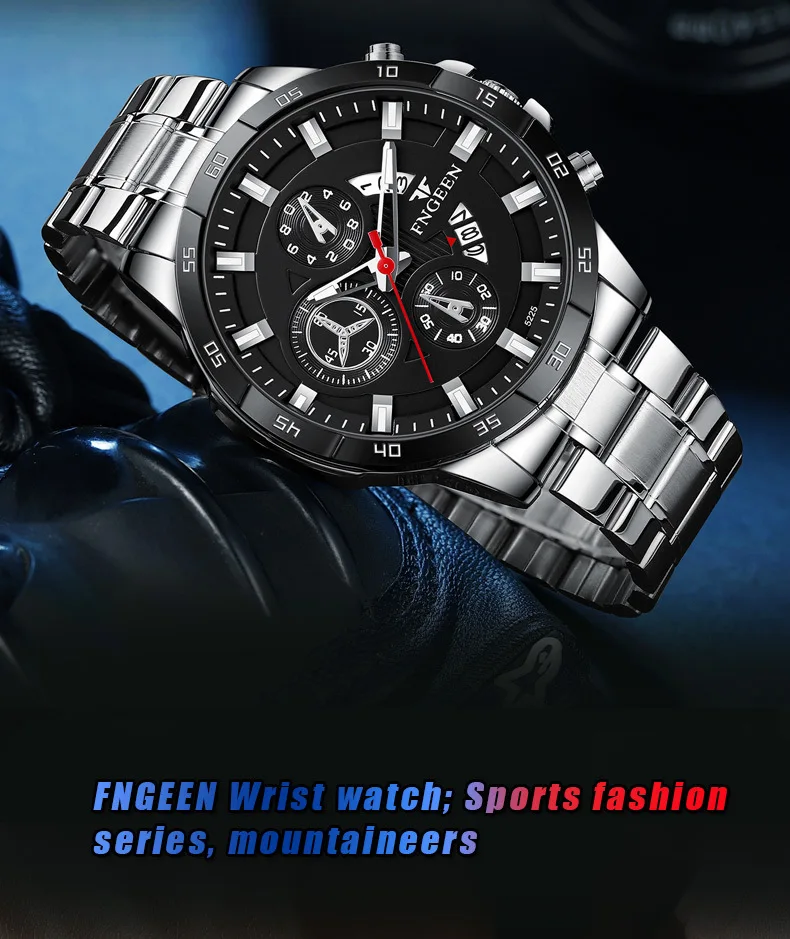 FNGEEN New Fashion Mens Watches Blue Stainless Steel Top Brand Luxury Sports Waterproof Quartz Watch Men Relogio Masculino