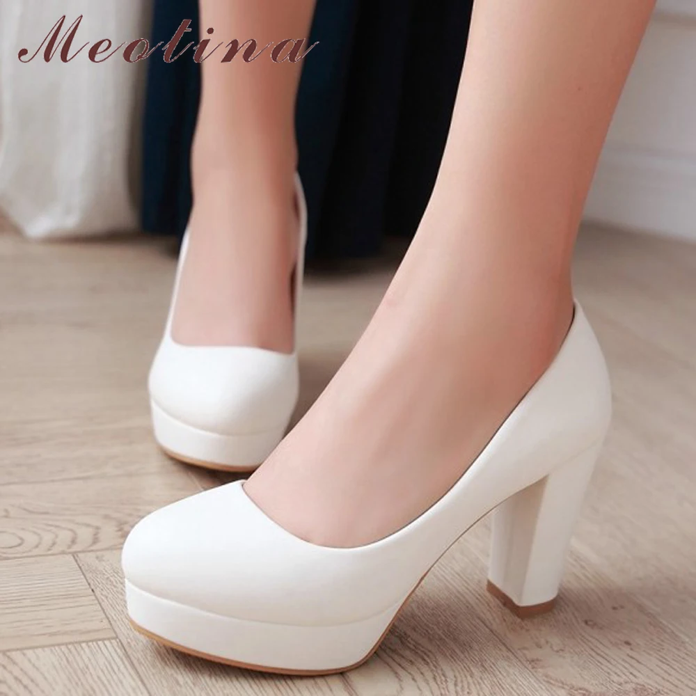 Meotina Shoes Women Platform High Heels Pumps Round Toe Block Heel Shoes Female Dress Footwear Spring White Pink Big Size 33-43