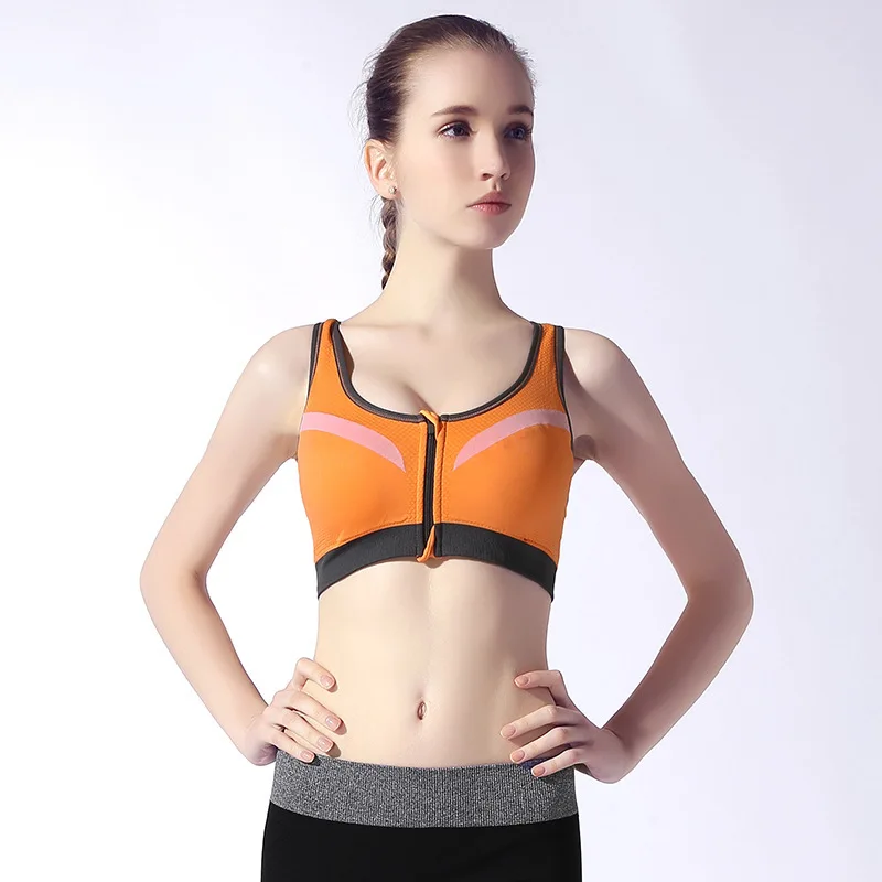Orange Спортивный бюстгальтер, жилет для девочек-подростков, женский, ударопрочный, беспроводной, для бега, йоги, Спортивное нижнее белье, Спортивная одежда на молнии спереди - Цвет: Orange