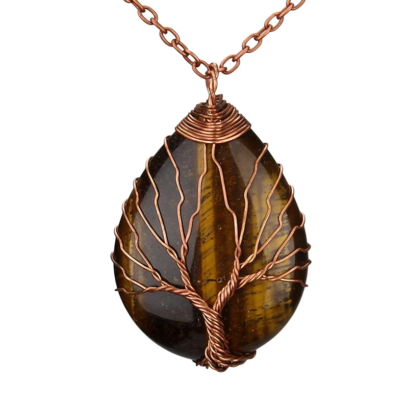 Tiger Eye-A Подвеска в виде капли воды, древо жизни, ожерелье, серебряный цвет, Проволочная обертка, чакра, черный оникс, опал, камень, кулон для женщин и мужчин, ювелирные изделия рейки - Окраска металла: Tiger Eye-A
