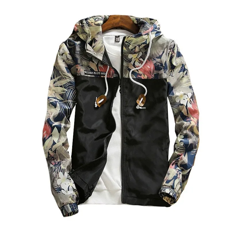 Мужские куртки-бомберы с цветочным принтом, пальто с цветочным принтом для подростков в стиле хип-хоп, приталенное Мужское пальто-пилот с капюшоном на осень и весну - Цвет: Черный