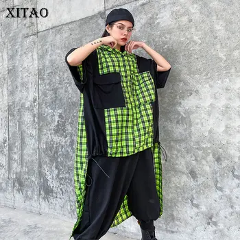 

XITAO Trend Plus Size Sweatshirt Irregular Spring Summer New Hoodies Women Fashion Plaid Stitching Streetwear Top Women GCC3384