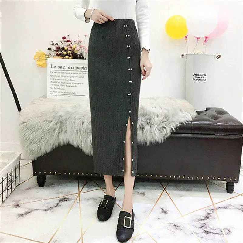 Autumn Winter Front Splited Women Knitted Long Skirt Beading High Waist Knitting Pencil Skirts One Step Lady Mid-Calf Saias Gray