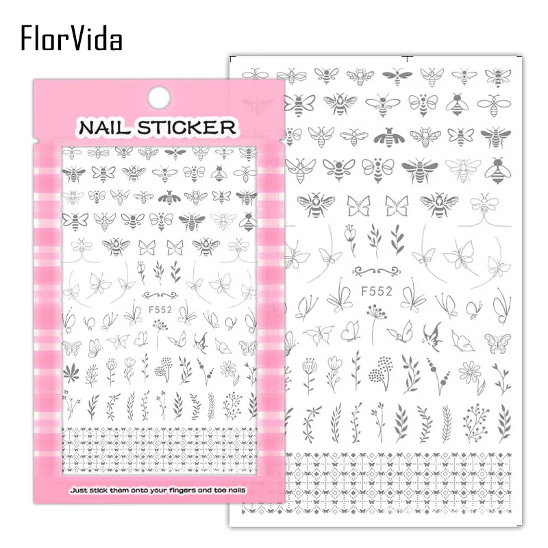 FlorVida F214-220 3D слайдер для ногтей золотые черные наклейки Переводные картинки с бабочками клейкий дизайн для маникюра Советы украшения для ногтей