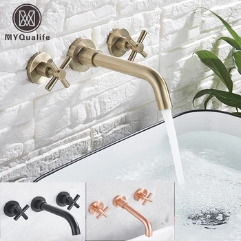 

MYQualife Black/Brushed gold Basin Facute Dual handle Wall Mounting Bathroom Faucet Rotating Sink faucet