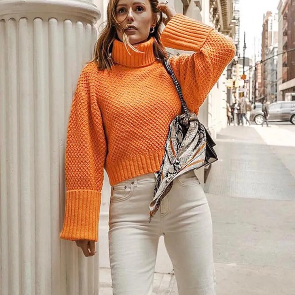 Sweater Womens Pullover Turtleneck Knitted Loose Casual Solid Long Sleeve Tops Slim Fit Off The Shoulder | Женская одежда
