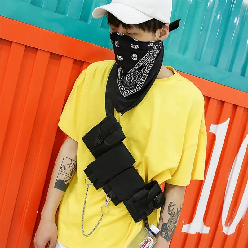 Men Chest Tactical Waist Bag Multi-pocket Shoulder Bags Phone Pouch with Scarf Boy Fashion Fanny Pack