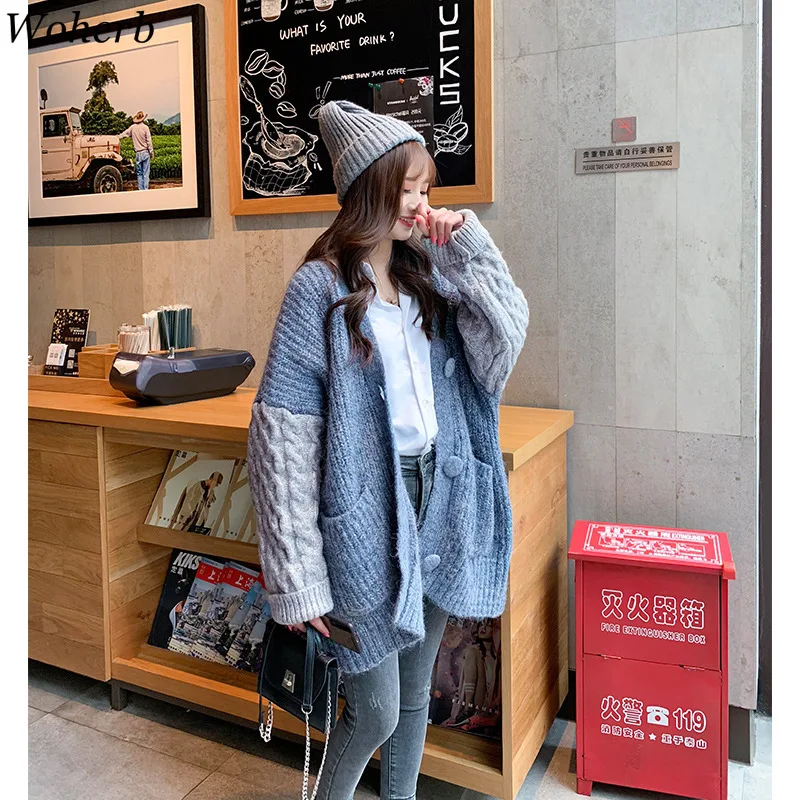 Woherb свитер, кардиган, большого размера Для женщин корейский Свободный Плюс Размеры свитера женское длинное пальто щиколотку вязаной верхней одежды