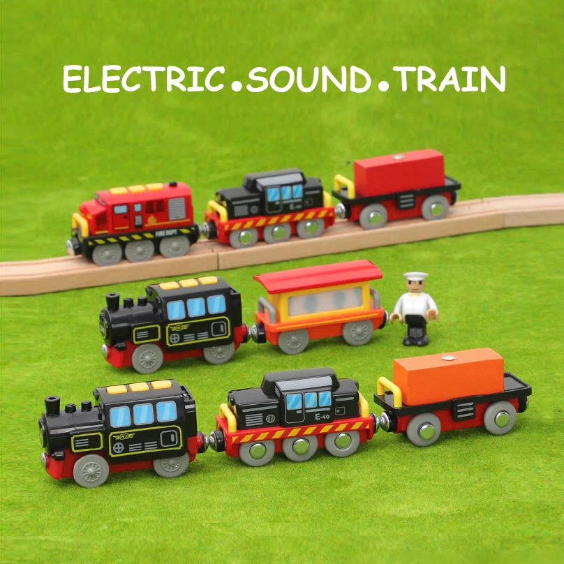 for Wooden Railway Track Sets Motorised RED ENGINE has Train Sounds & Light 