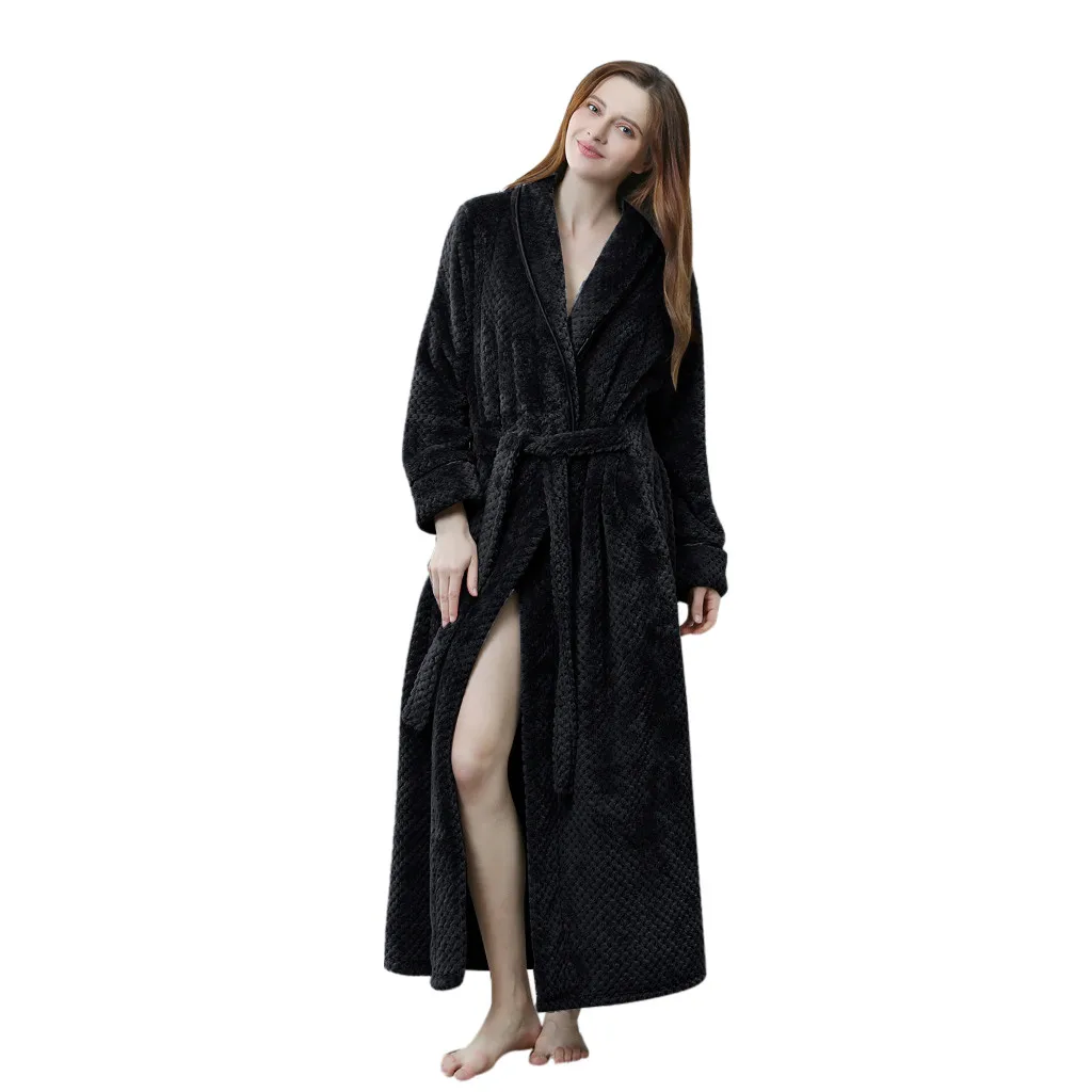 Womens Solid Thicken Coral Fleece Robe Bathrobe Gown Pajamas Sleepwear Pocket