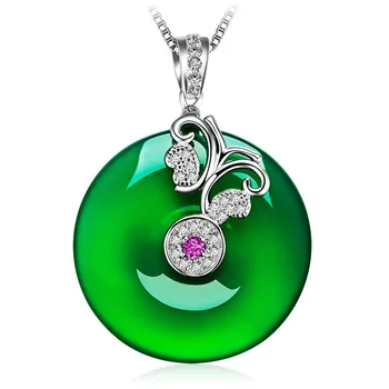 

Women Necklace Pendant Green Chalcedony Agate Donuts Safety Button S925 Silver Necklace Clavicle Chain for Female Fine Jewelry