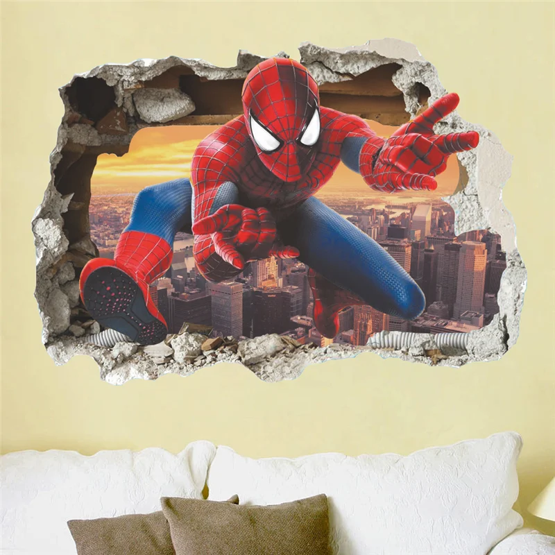 3D Cracked Themed Wall Sticker Spider Man For Children Home Decor DIY Mural Art 