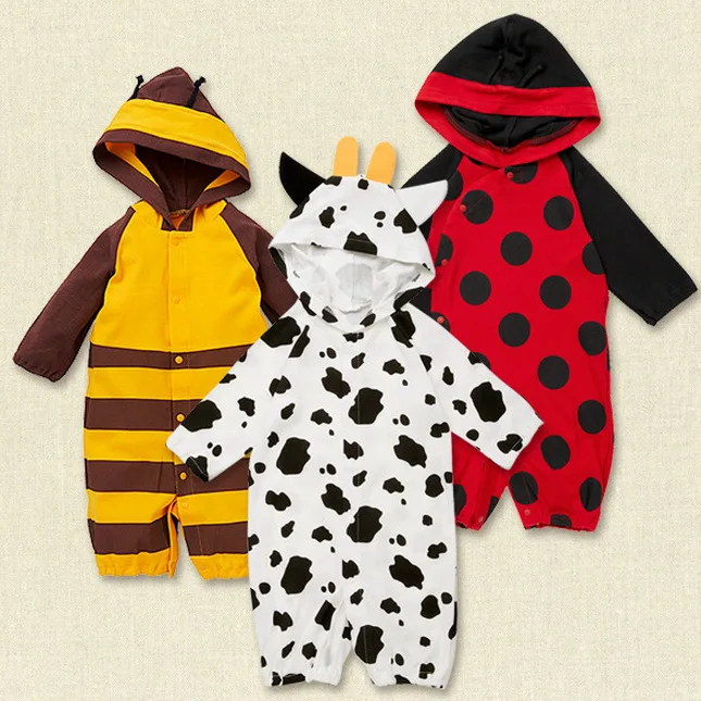 

Childrenswear 18 Europe And America Children Autumn And Winter Bees Ladybug Cow Hooded Open Front Romper Crawling Clothes Jumpsu