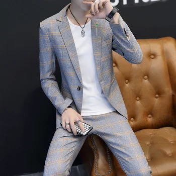 

2019 spring and autumn suit check men suit new casual slim fit