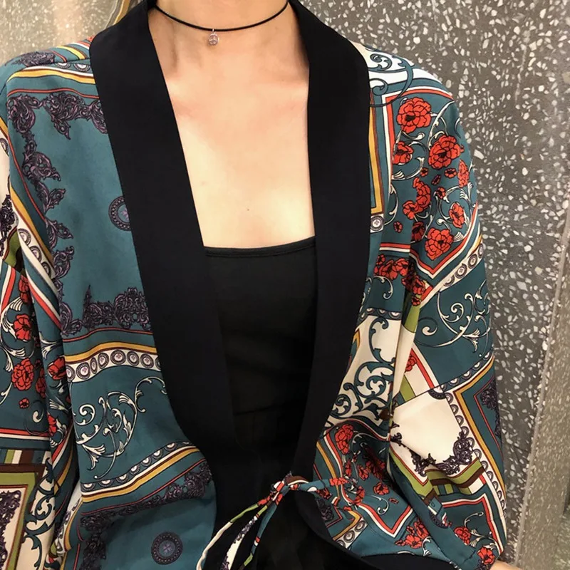 Women Blouse Cardigan Beach Style Summer Lace Up Ladies Retro Print Boho Batwing Sleeve Sunscreen Shirt Tops 6
