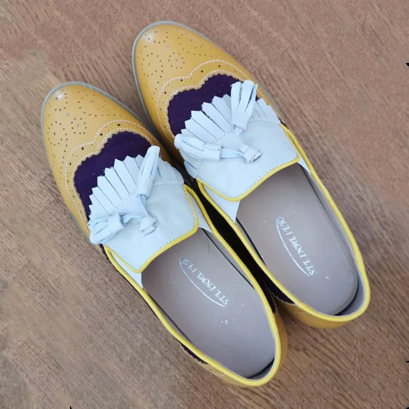 yellow pirple white Женские туфли-оксфорды на плоской подошве; сезон весна; женская обувь из натуральной кожи на плоской подошве; Летние Туфли-броги в винтажном стиле; лоферы на шнурках; повседневные кроссовки - Цвет: yellow pirple white