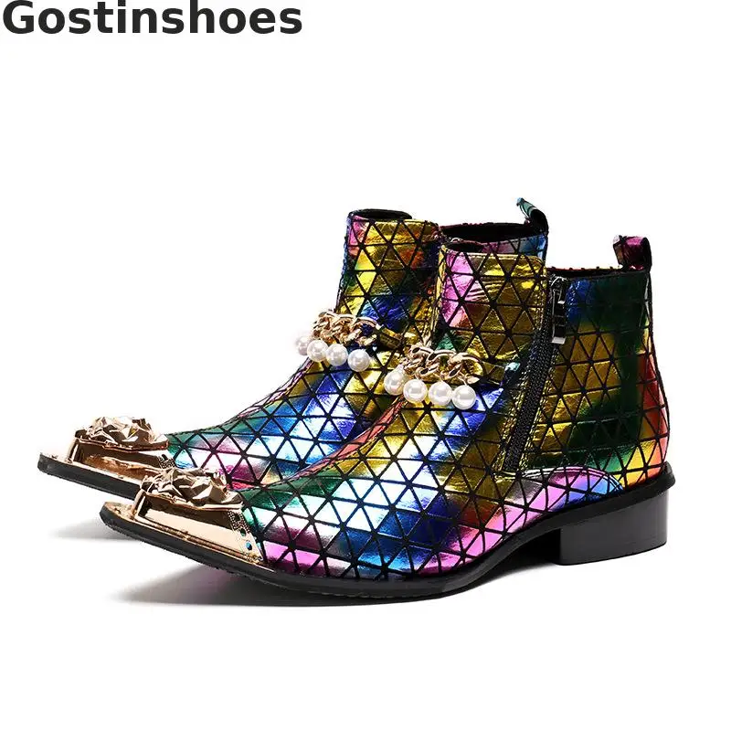 

Colorful Men Boots Genuine Leather Gingham String Bead Fashion Ankle Boots Zip Golden Metal Capped Toe Spring Autumn Boots