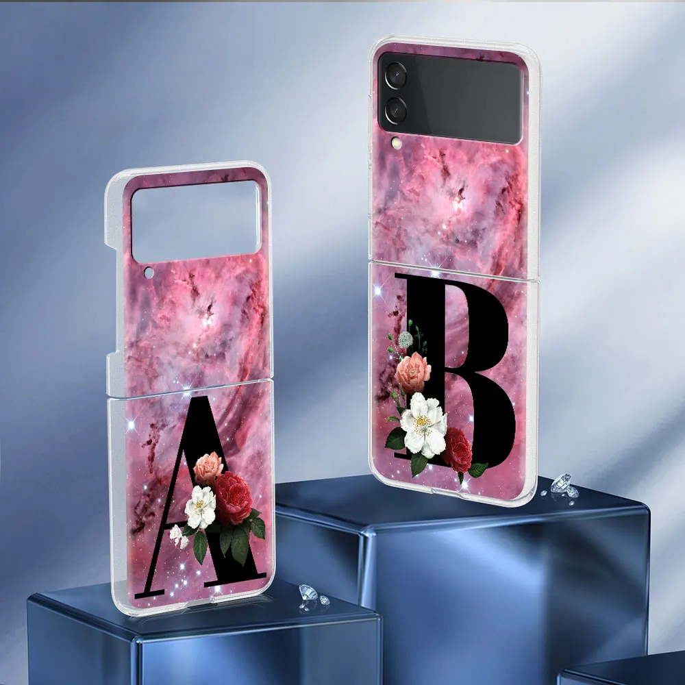 Letter A B Flowers Pink Case For Samsung Galaxy Z Flip 3 5G Transparent Hard Cell Phone Cover ZFlip3 Clear PC Luxury Fundas