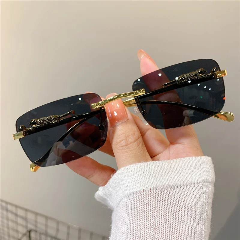 Vintage Sunglasses Rimless Cut Edge Women's Sunglasses Fashion Designer Shades Luxury Golden Leopard Frame Sunglasses UV400