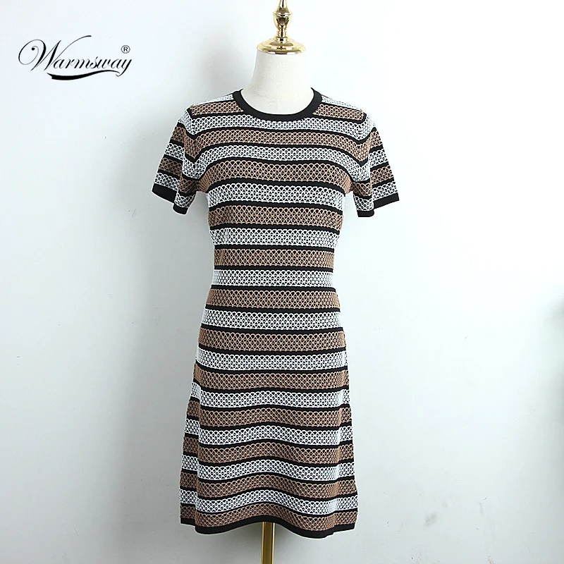 

Spring Summer 2020 New Style Temperament Waist Hollow Out Thin Jacquard Stripe Short-sleeved Pullover Knitted Dress Women CY-106