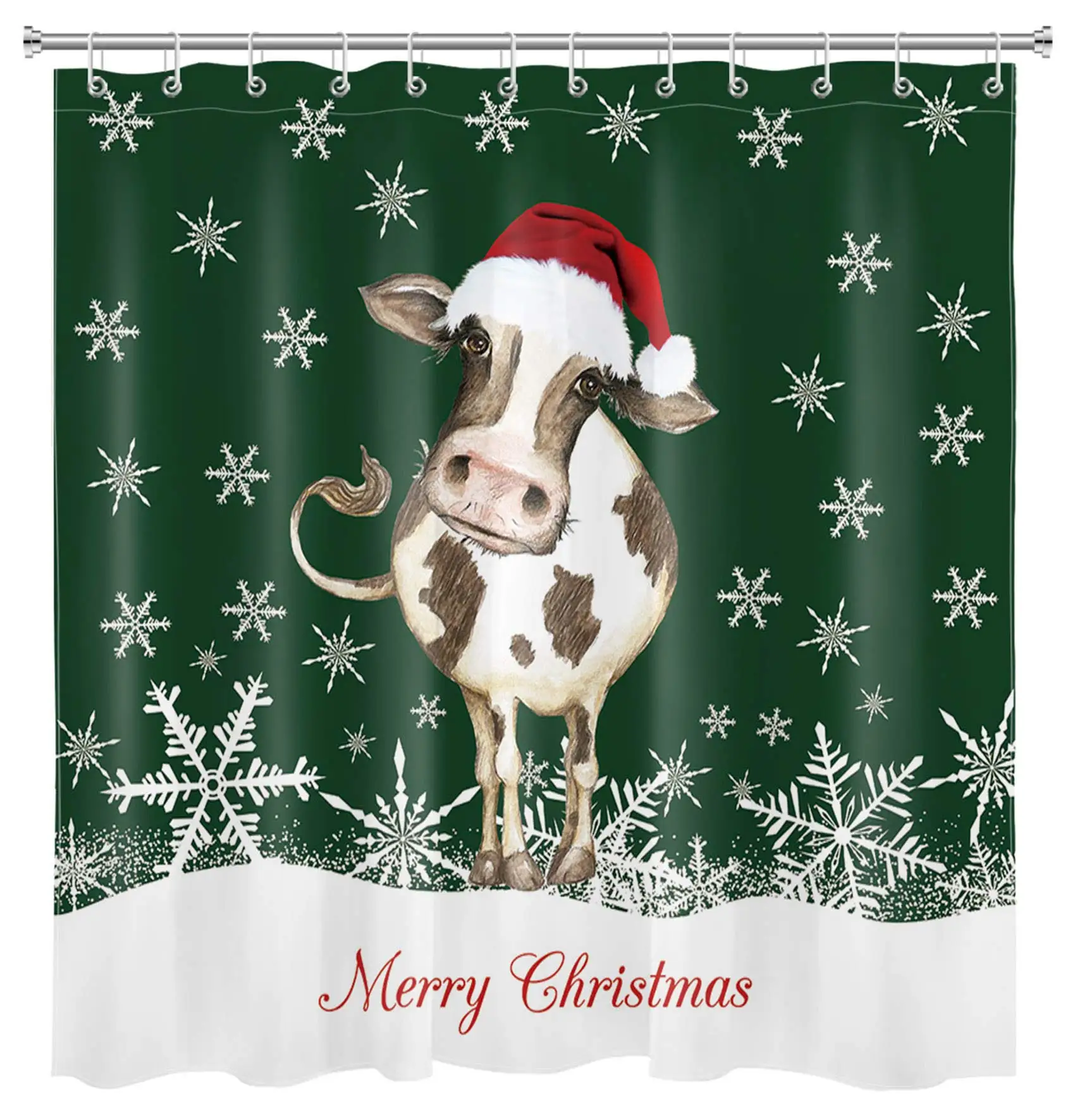 

Christmas Shower Curtain Farmhouse Animal Cow with Christmas Hat Winter Snowflake Bathroom Curtains Set Waterproof Fabric Decor