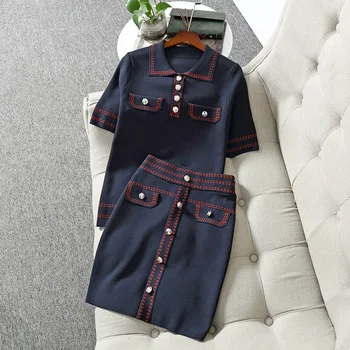 

European Elegant BeadingTwo Piece Set Women 2020 Half Sleeve Top+Mini Skirt Knitted Two Piece Outfits