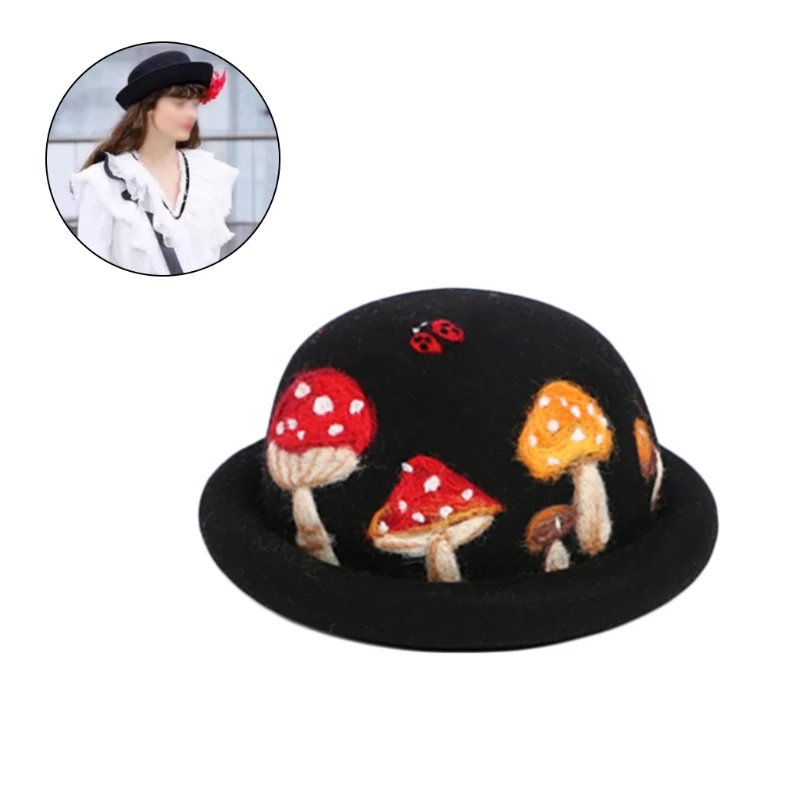 Parent-Child Winter Autumn Faux Wool Felt Jazz Hat Cute Cartoon Mushroom Ladybird Embroidery Vintage Prom Bucket Cap Party Props kangol tropic monty