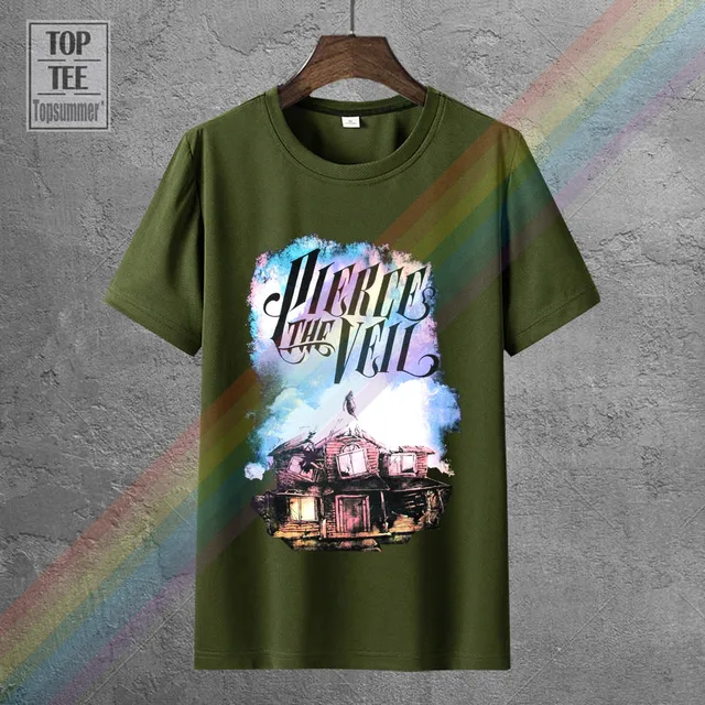 Pierce The Veil Mens T Shirt Ghostie Rising Through Dilapidated House 0013761-Army Green