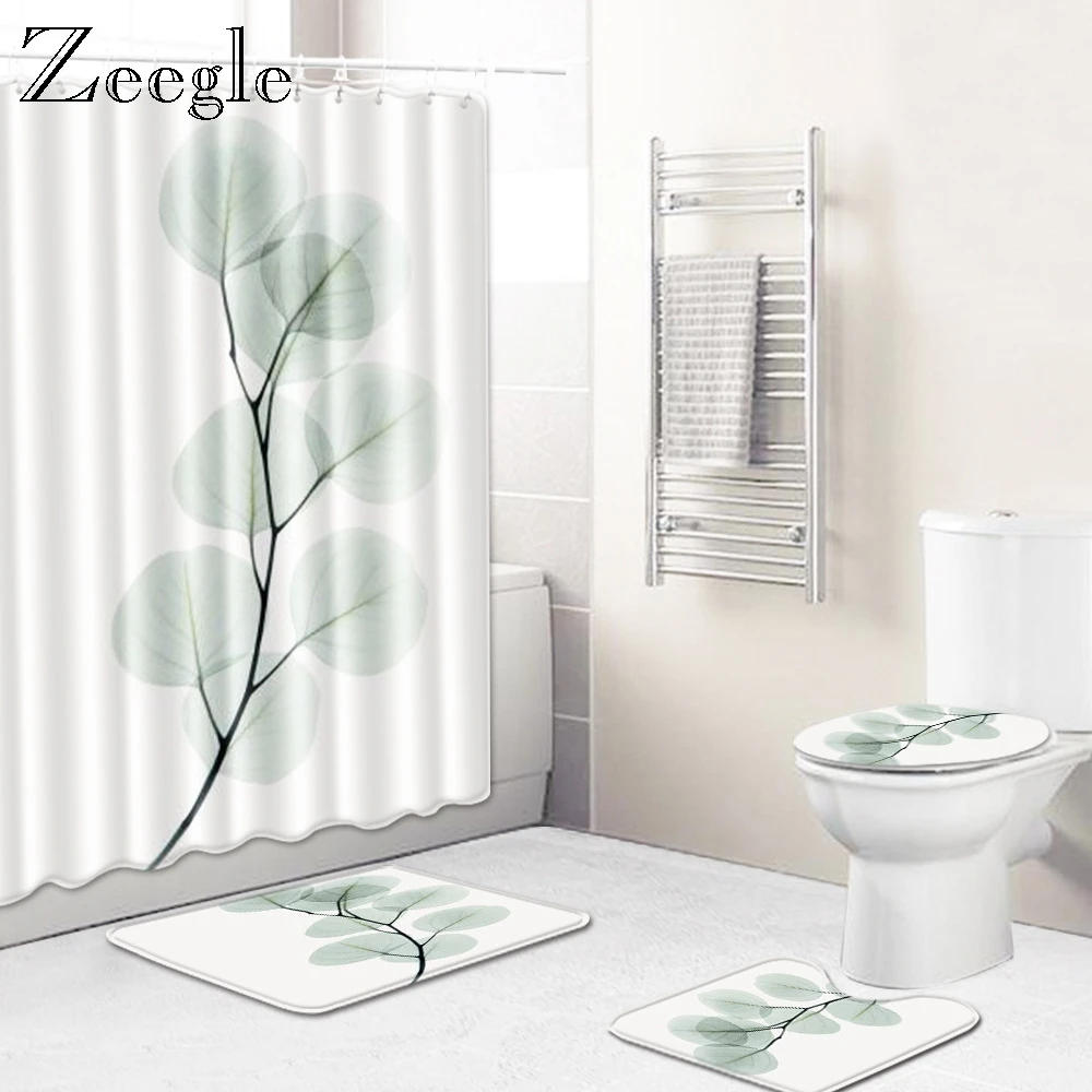 Zeegle Printed Bath Mat Set Cartoon Bathroom Mat Set Toilet Seat Cover Shower Room Non-slip Rug Waterproof Modern Shower Curtain