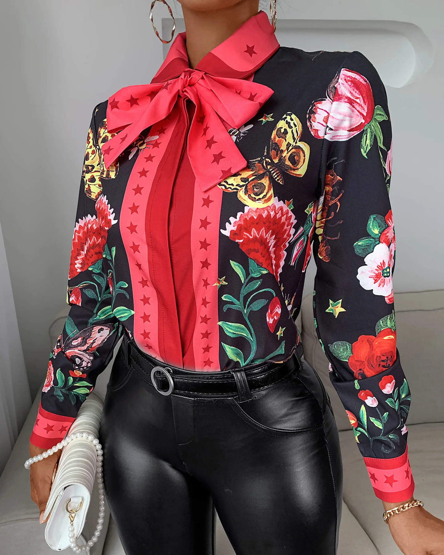 2020 Women Casual Autumn Turn-down Collar Chic Chiffon Blouse Tie Neck Floral Butterfly Print Long Sleeve Blouse Ladies Shirt womens shirts Blouses & Shirts