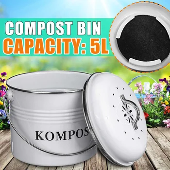 

Kitchen Compost Bin 5L Organic Homemade Trash Can Melons Leaves Iron Round Charcoal Filter Bucket Outdoor Accessories