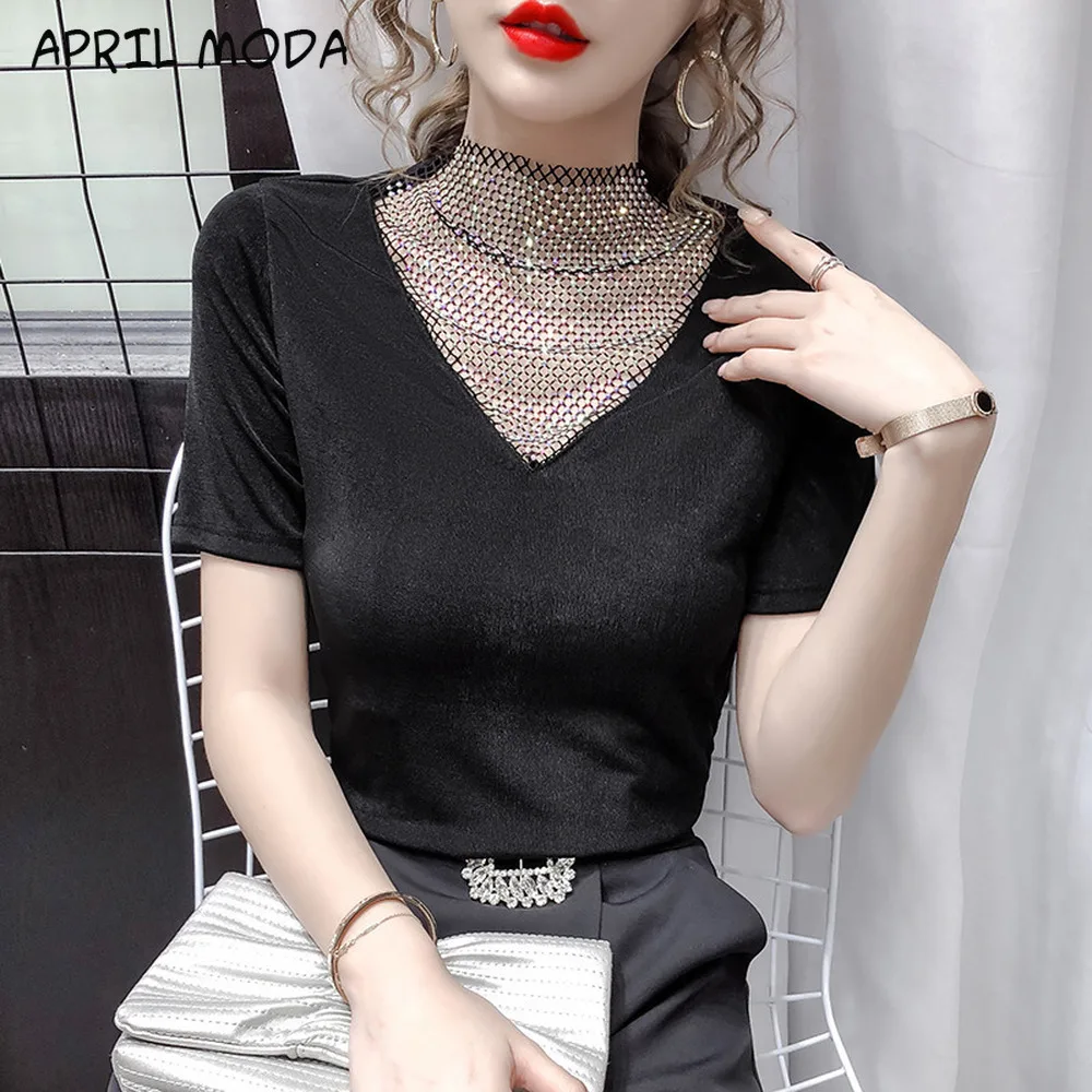 2020 Vintage New Women Diamond T Shirt Solid Color