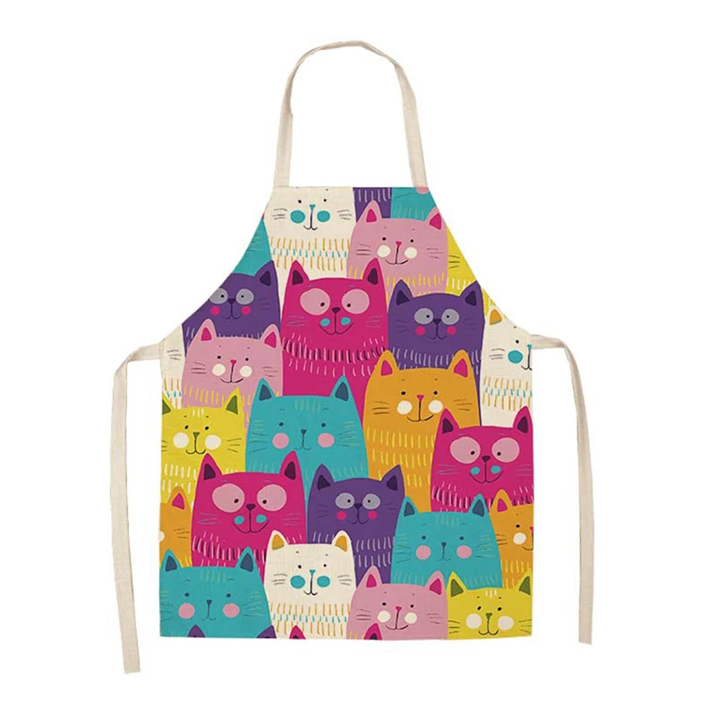 Anti-fouling 1Pcs Cotton Linen Sleeveless Cartoon Cat Printed Kitchen Apron Home Cleaning Tools for Men Women S/L