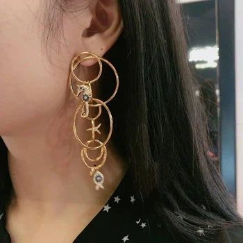 

Solid 925 Sterling Silver Seahorse Fish Multi Hoops Circles Long Drop Earring Mono Paved AAA Zircon Women Fine Wedding Jewelry