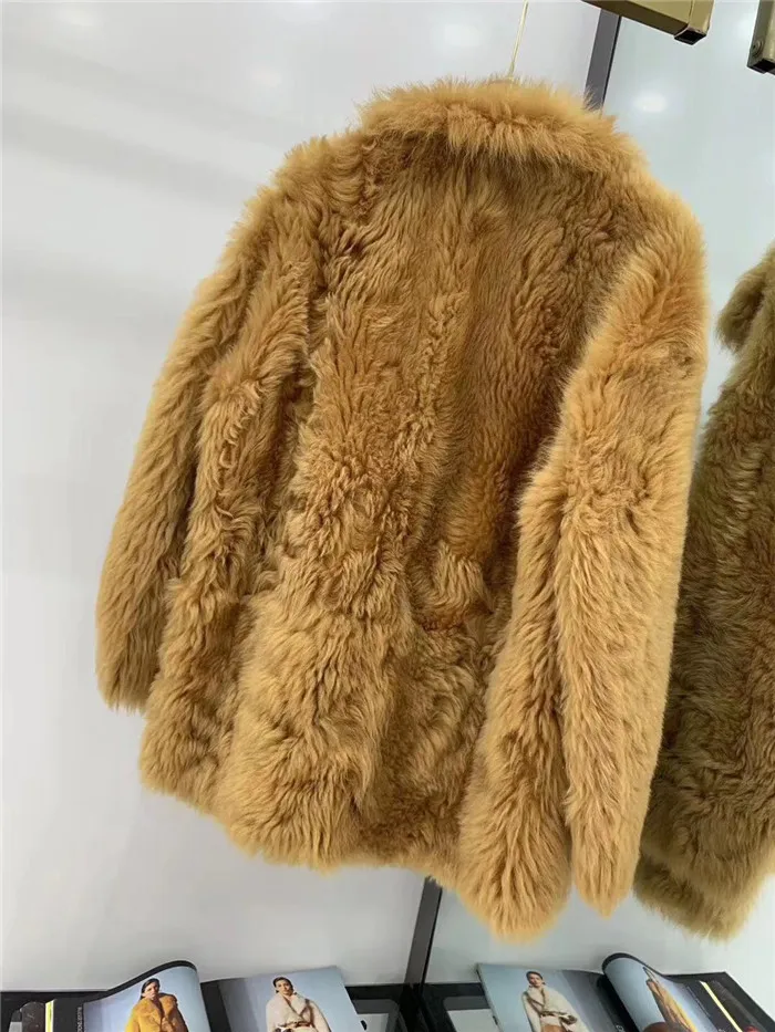 Шерсть jexxi Высокое качество Женская модная однотонная натуральная овчина Двусторонняя шуба элегантные карманы зимняя куртка пальто для женщин