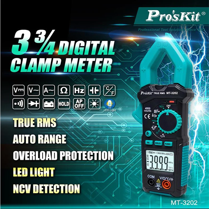 

Pro'sKit MT-3202-C DC/AC automatic range 3-3/4 LED lighting non-contact measurement digital clamp meter NCV Ohm voltage tester