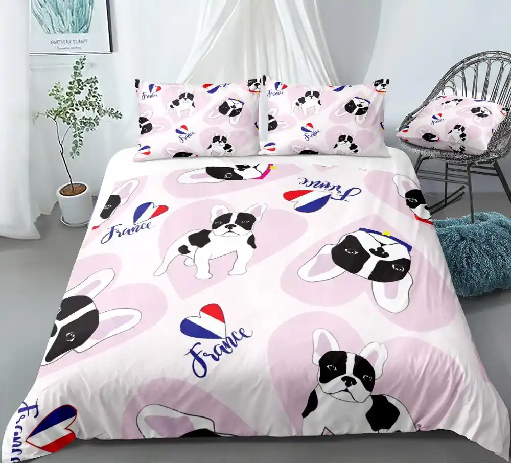 Dog Duvet Cover Set French Bulldog Bedding Pink White Black Quilt