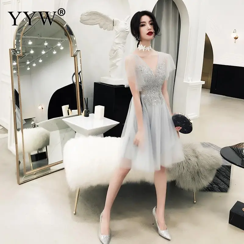 

New Elegant Women Chiffon A-Line Short Evening Dress Sleeveless Embroidered Sexy V Neck Party Dresses Plus Size 3XL Vesetidos