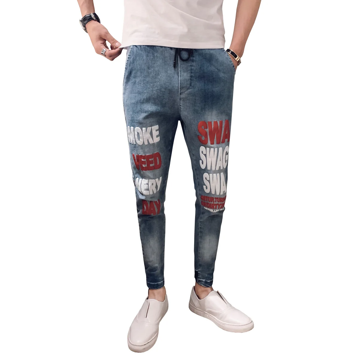 New Arrival Hot Sale Brand autumn men's casual high quality printed trouser male slim korea style fit nine-tenth pants jean