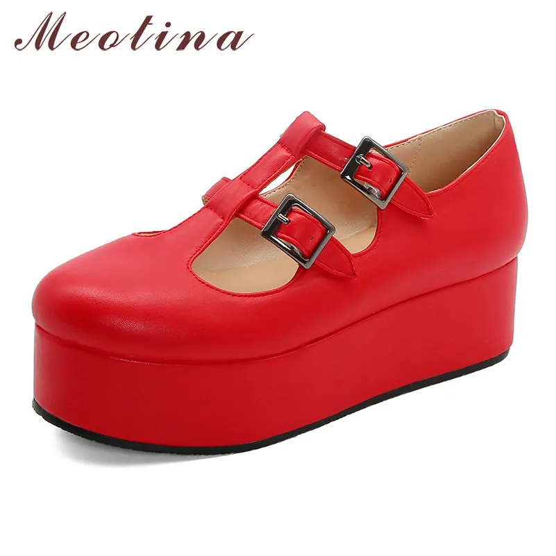 Meotina Spring Flats Shoes Women Buckle Flat Platform T-strap Fashion Round Toe Lolita Lady Red 2020 Big Size 33-41 | Обувь