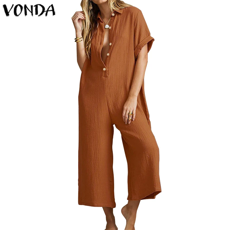 VONDA Модный комбинезон летние сексуальные комбинезоны с короткими рукавами широкие повседневные свободные брюки длинные Комбинезоны для беременных - Цвет: Оранжевый