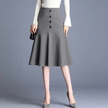 Осенне-зимняя винтажная Женская юбка с высокой талией и пуговицами, черная юбка с оборками, тонкая Осенняя юбка-годе 4xl для женщин