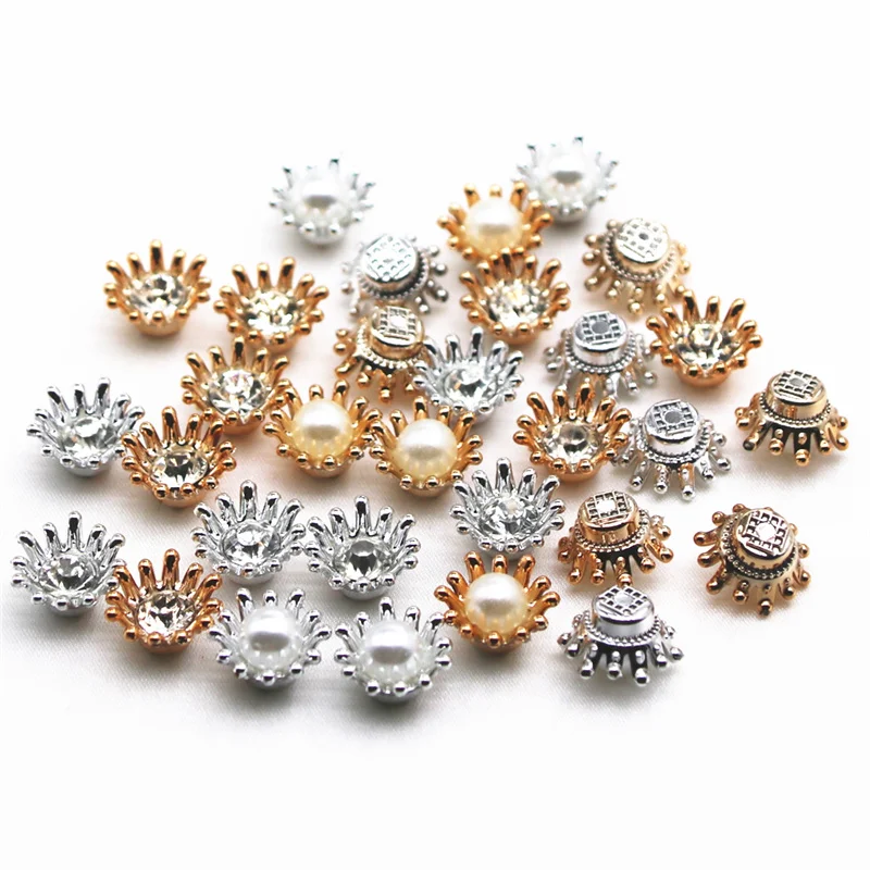 50pcs 15mm 황금/실버 라인 석/진주 꽃 플라스틱 플랫 백 버튼 장식 공예 스크랩북 액세서리